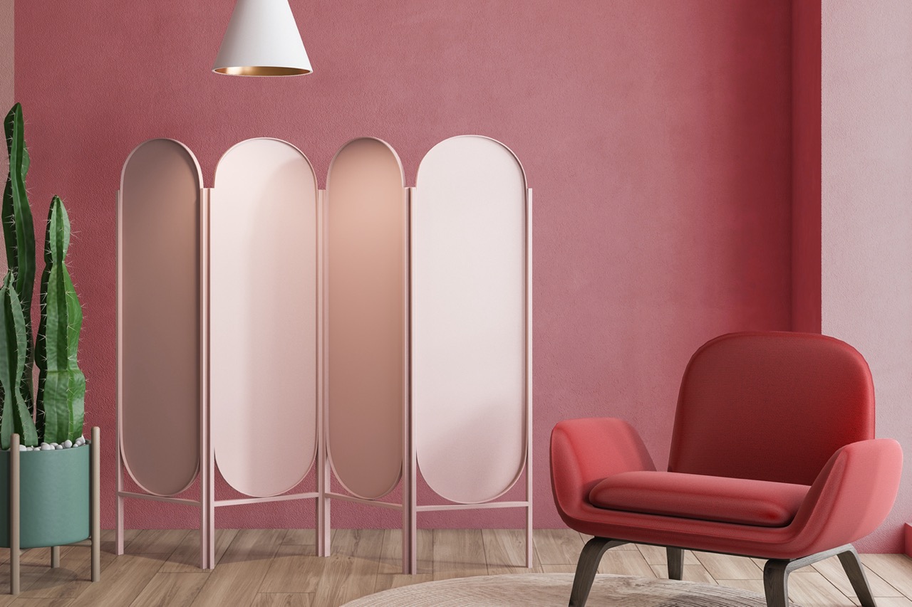 Interior of pink living room with red leather armchair standing on round carpet near pink folding screen. 3d rendering; Shutterstock ID 1370833175; purchase_order: -; job: -; client: -; other: -